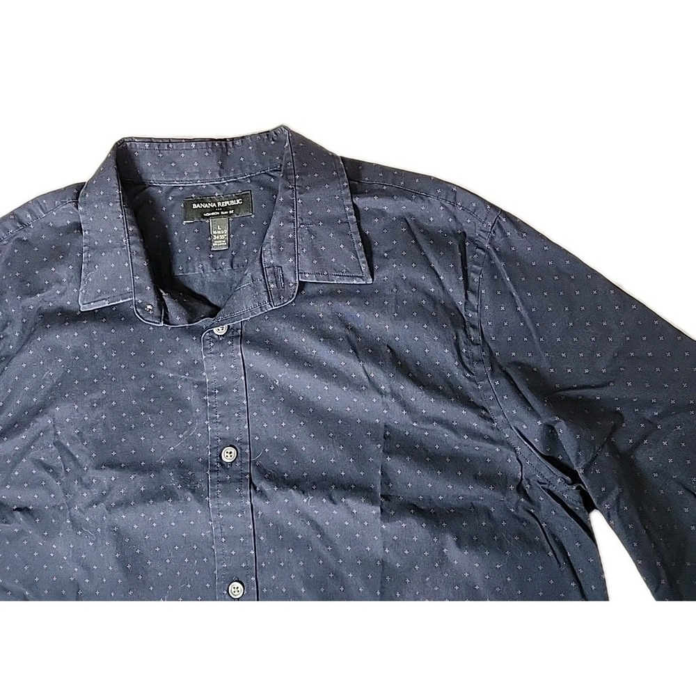 Banana Republic Men's Large Slim Fit 16-16.5 34/35 Long Sleeve Button Navy AOP